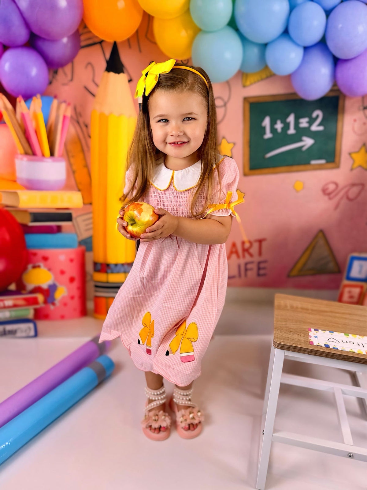 Girls Back To School Pencil Twirl Dress Bow Applique Smocked by Rylee Faith Designs at Everetts Place