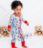 Convertible coverall in a Love is in the Air print with a front zipper and footed design