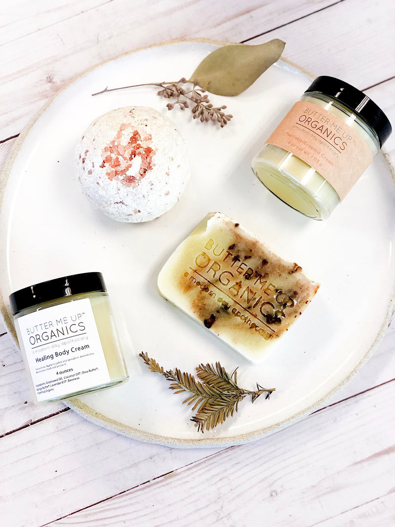 Sensitive Skin Gift Set including organic cream, soap, and bath bomb for eczema and psoriasis relief.
