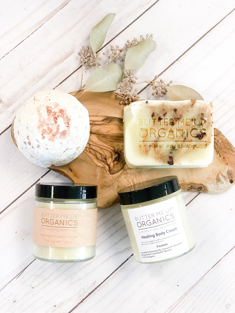 Sensitive Skin Gift Set featuring cream, soap, and bath bomb for eczema and psoriasis relief.