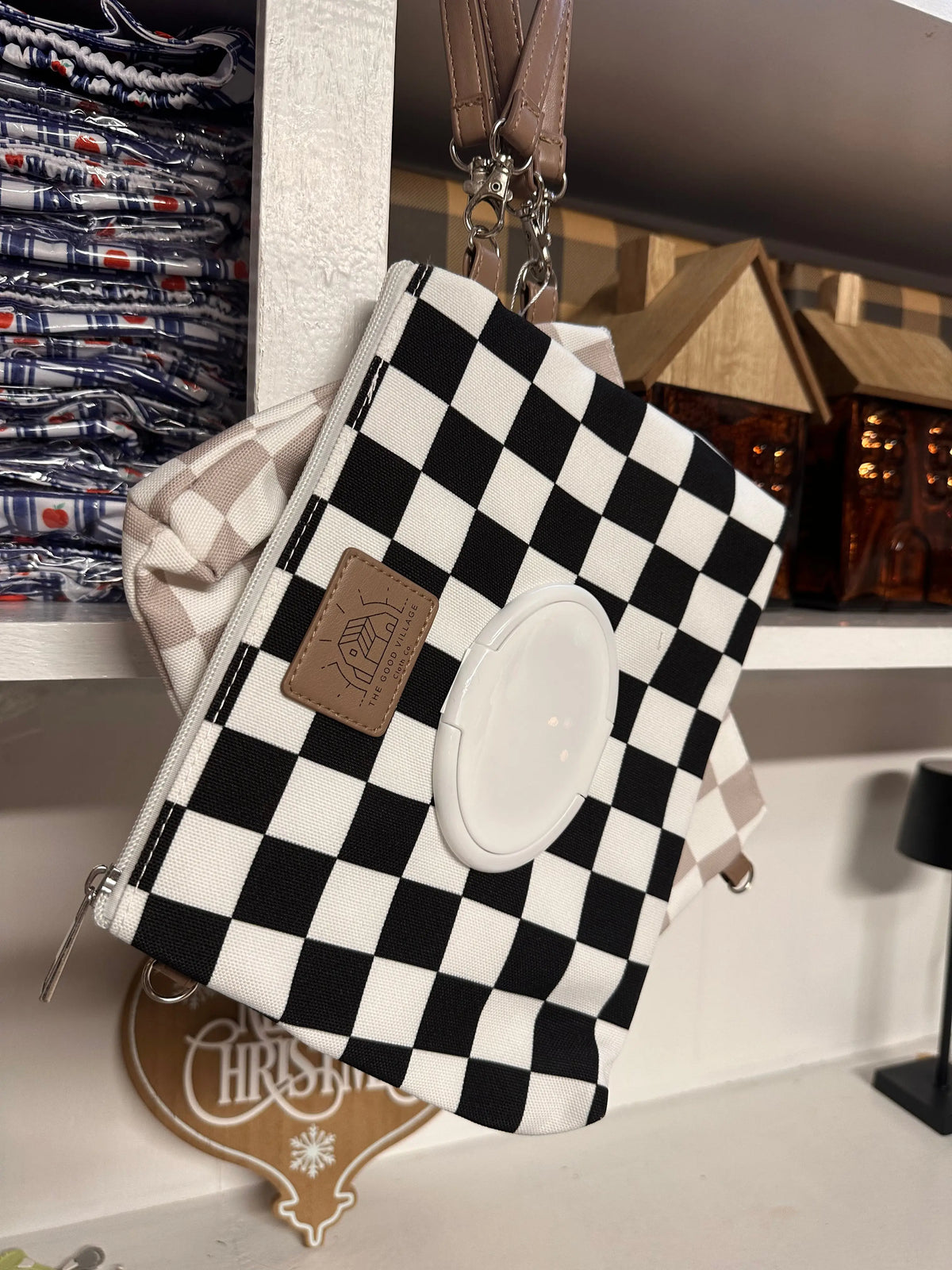 Wipes Clutch Black Check Diaper Wet Bag With Adjustable Lanyard The Good Village Cloth Co. 