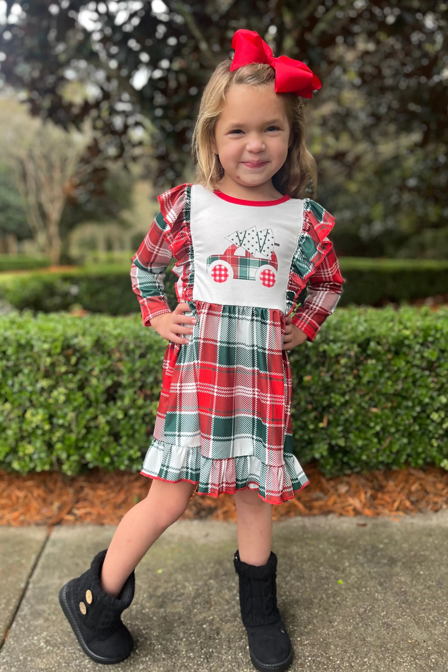 Rylee Faith Designs Rylee Faith Plaid Christmas Tree Truck Boutique Dress - Dress