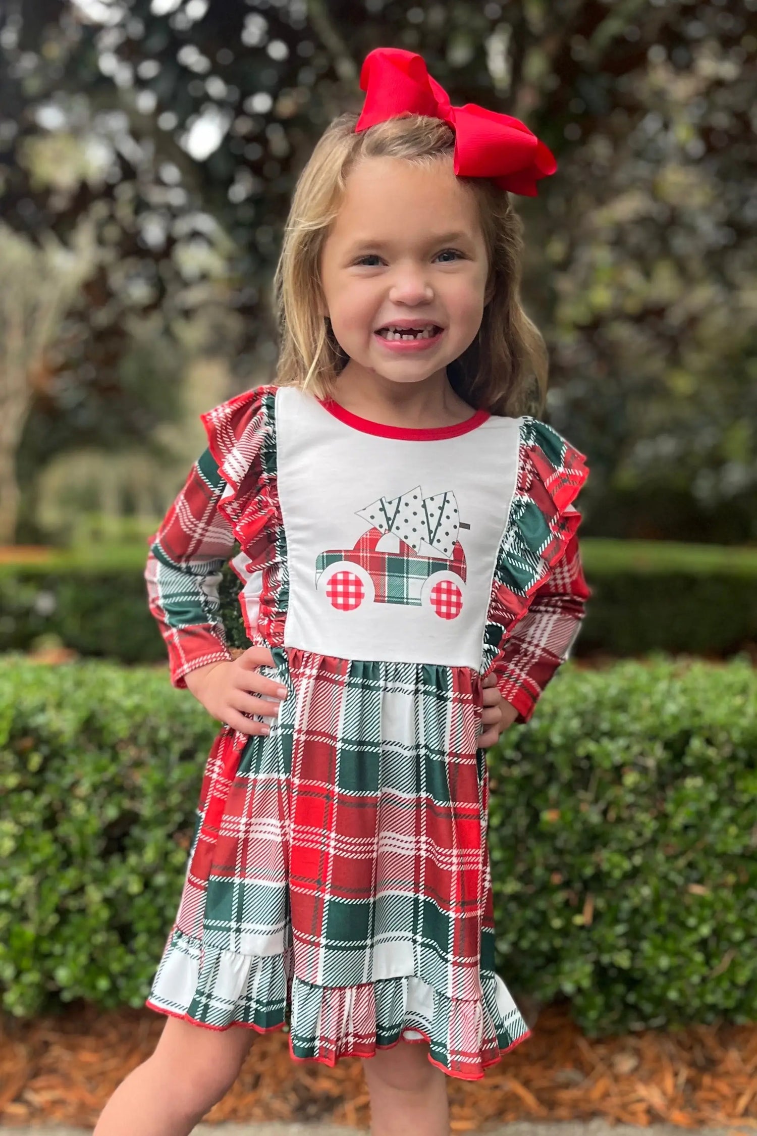 Rylee Faith Designs Rylee Faith Plaid Christmas Tree Truck Boutique Dress - Dress
