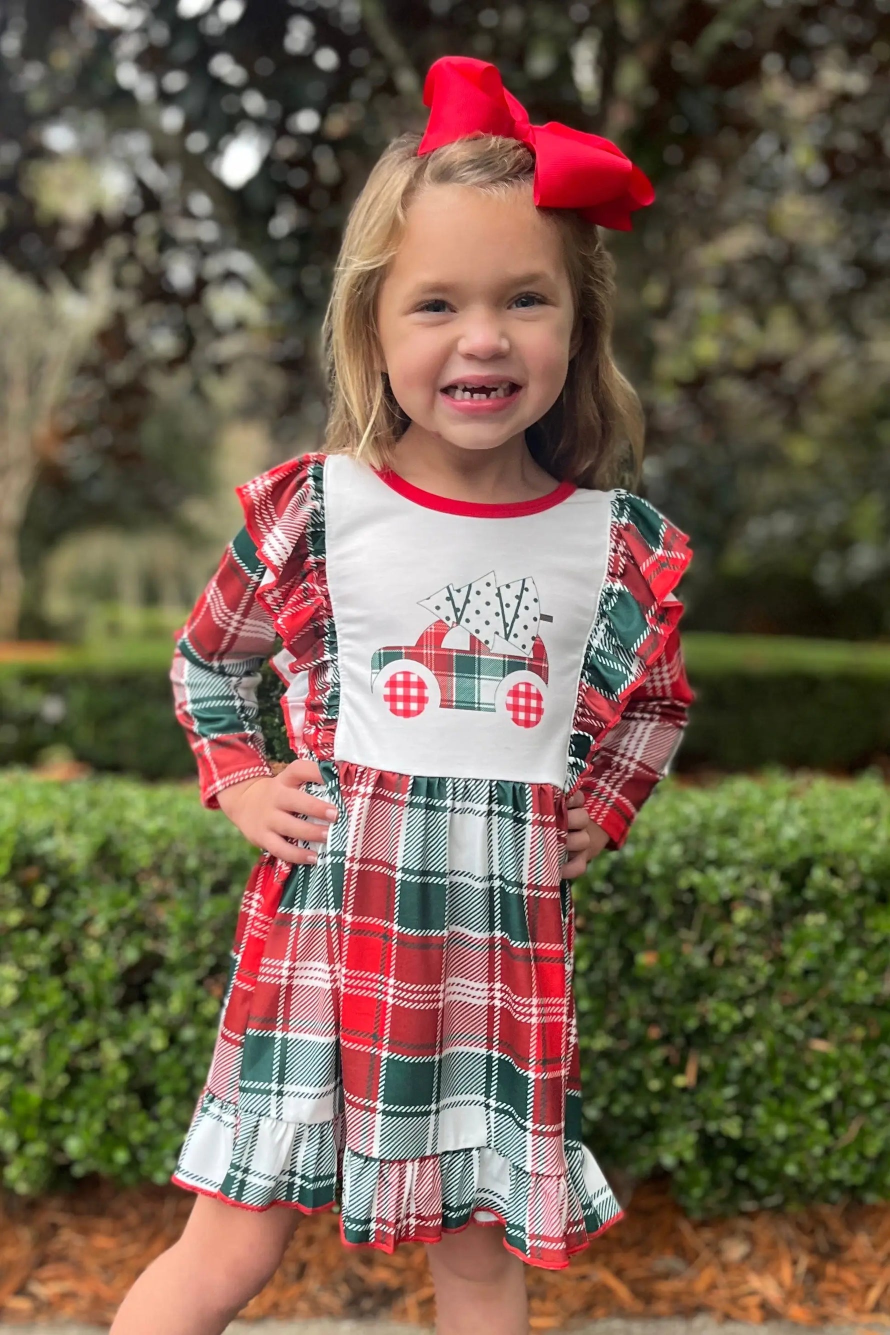 Rylee Faith Designs Rylee Faith Plaid Christmas Tree Truck Boutique Dress - Dress