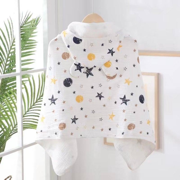 Muslin Cotton Baby Boy Robe – Hooded Moon & Stars Bath Towel by Rayn’s Tiny Stitches