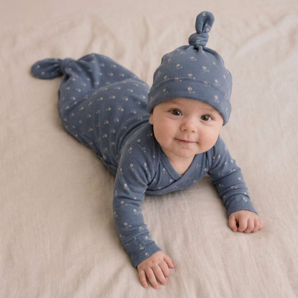 Organic Knotted Baby Gown - Indigo Blossom by Makemake Organics
