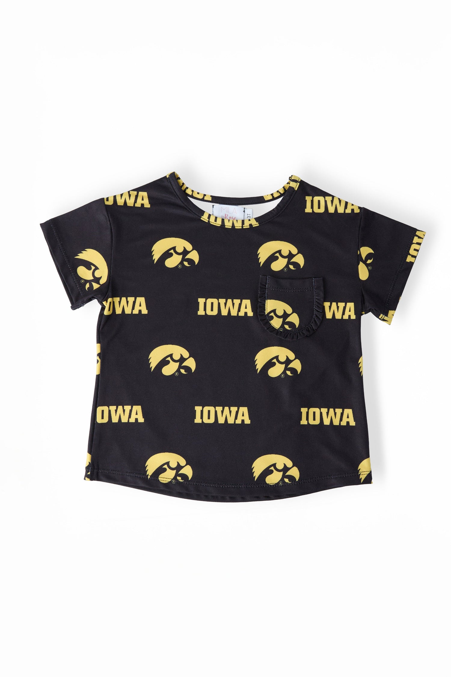 Black short-sleeve girls tee with Iowa Tigerhawk logo on a ruffle pocket at the chest