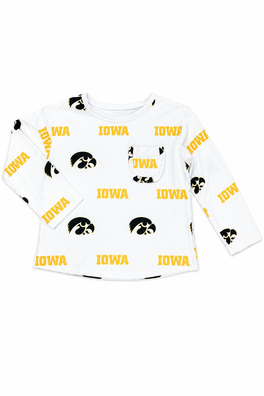 Iowa White Tigerhawk L/S Ruffle Pocket Tee by Mila & Rose ®