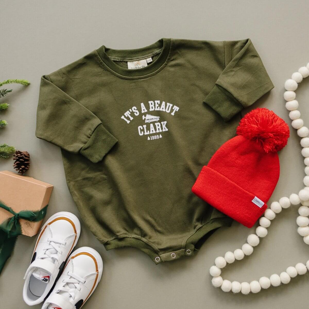 Little Joy Co. It's a Beaut Clark Christmas Sweatshirt Romper - Everetts Place Boutique - 
