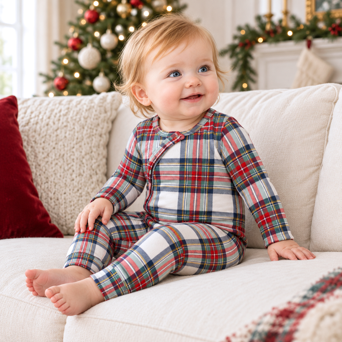 Plaid Baby Christmas Zipper Romper With Convertible Cuffs by Tesa Babe