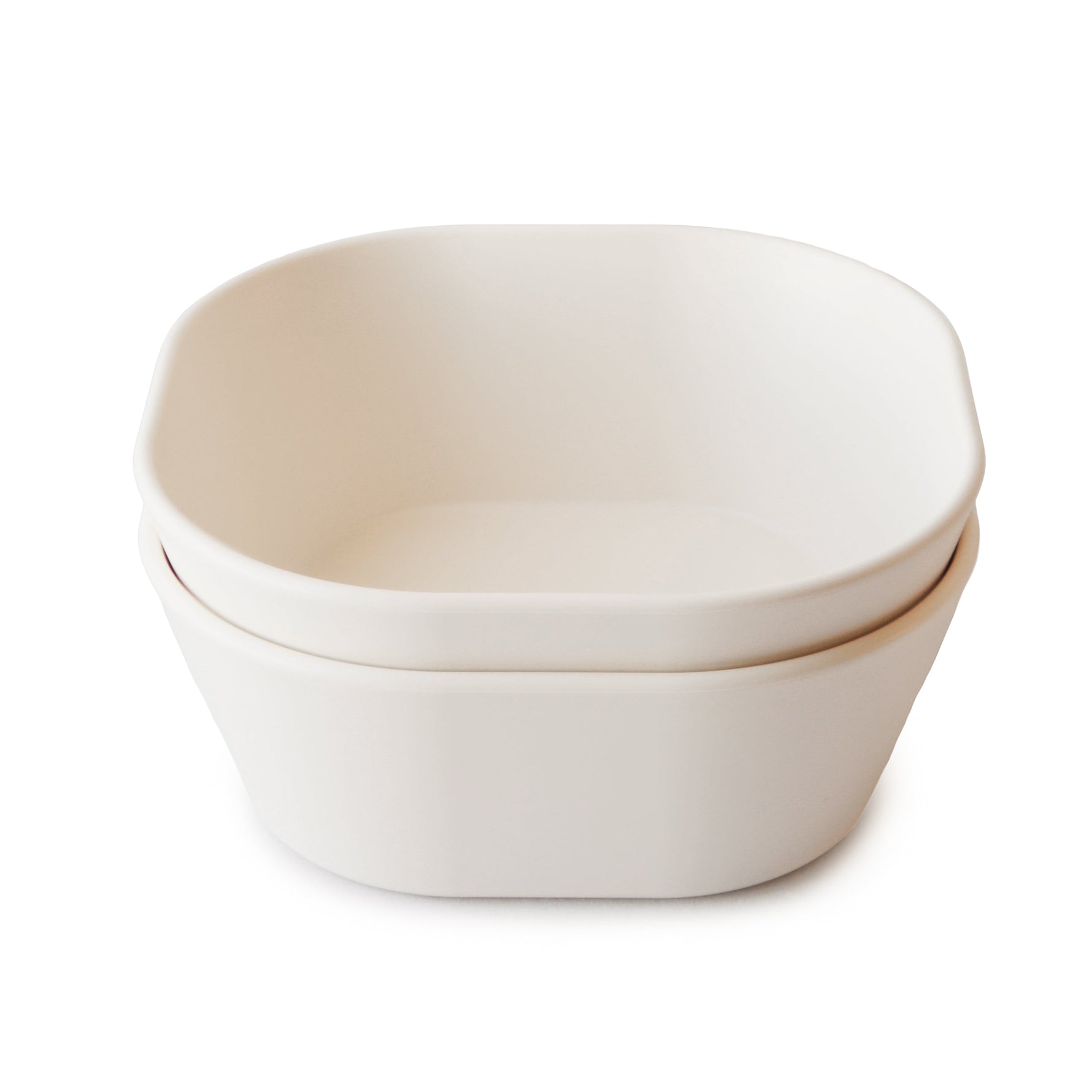 Mushie square silicone dinnerware bowls for organic, BPA-free baby feeding.