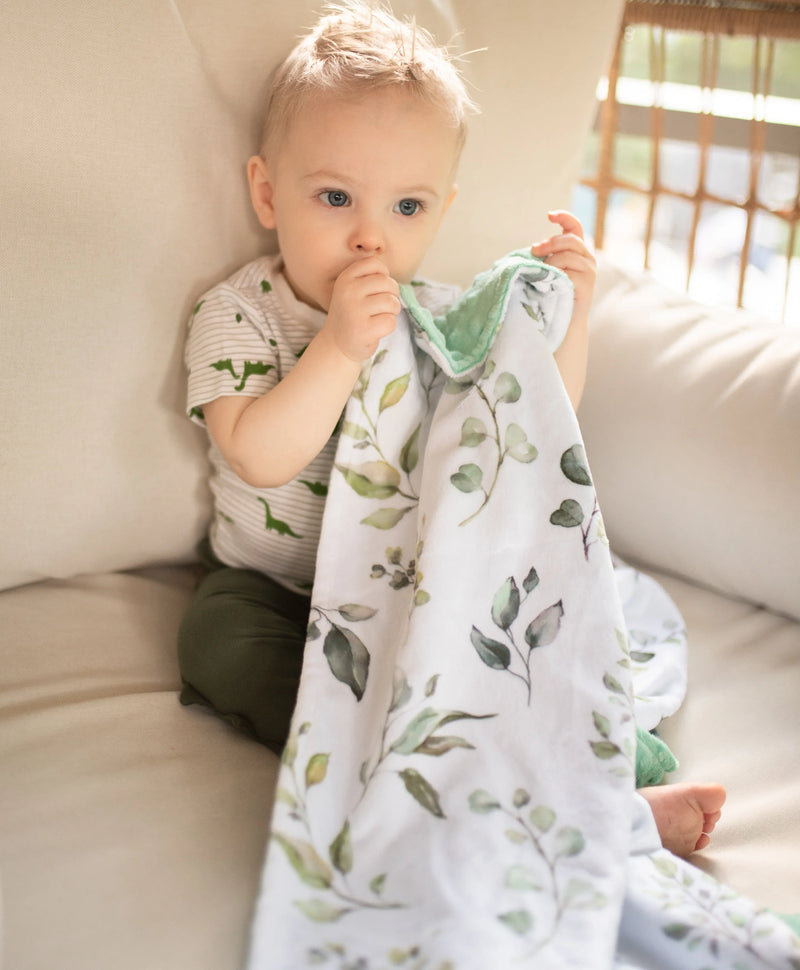 Premium Baby & Toddler Minky Blanket - Eucalyptus Greenery with vibrant plant pattern and soft minky texture, perfect for nursery decor.