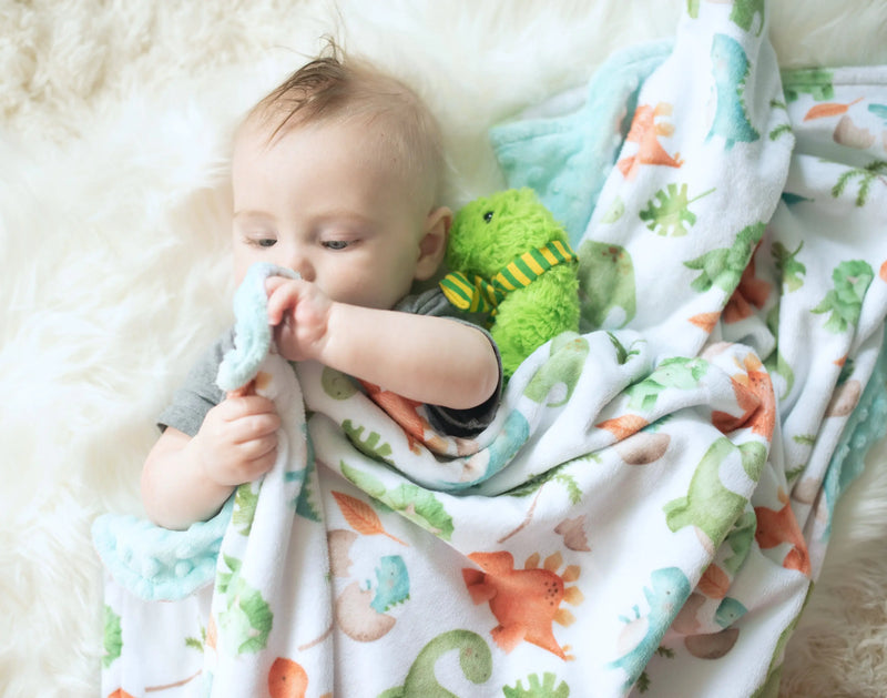 Baby wrapped in Premium Baby & Toddler Minky Blanket with dinosaur pattern.