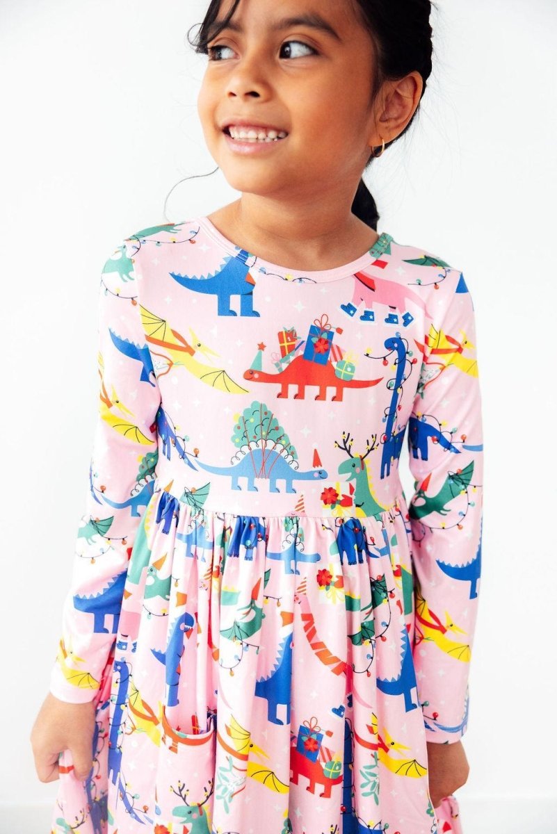 Mila & Rose ® Jingle Saurus Long Sleeve Pocket Twirl Dress For Girls - Everetts Place Boutique - 