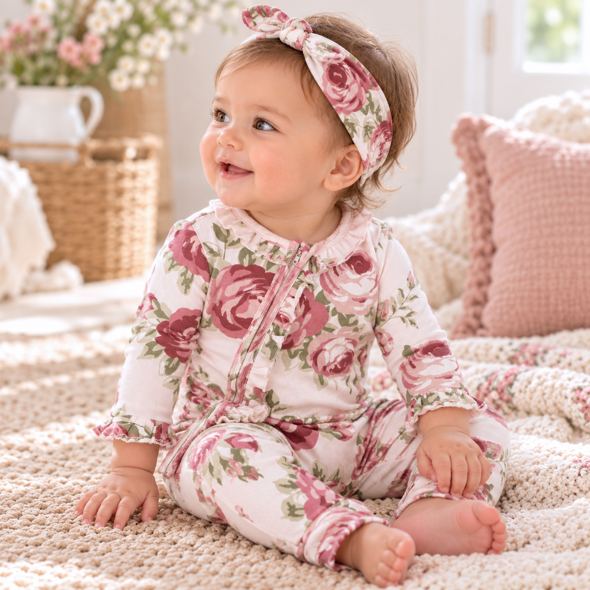 Cotton Zippered Romper - Cabbage Rose Print