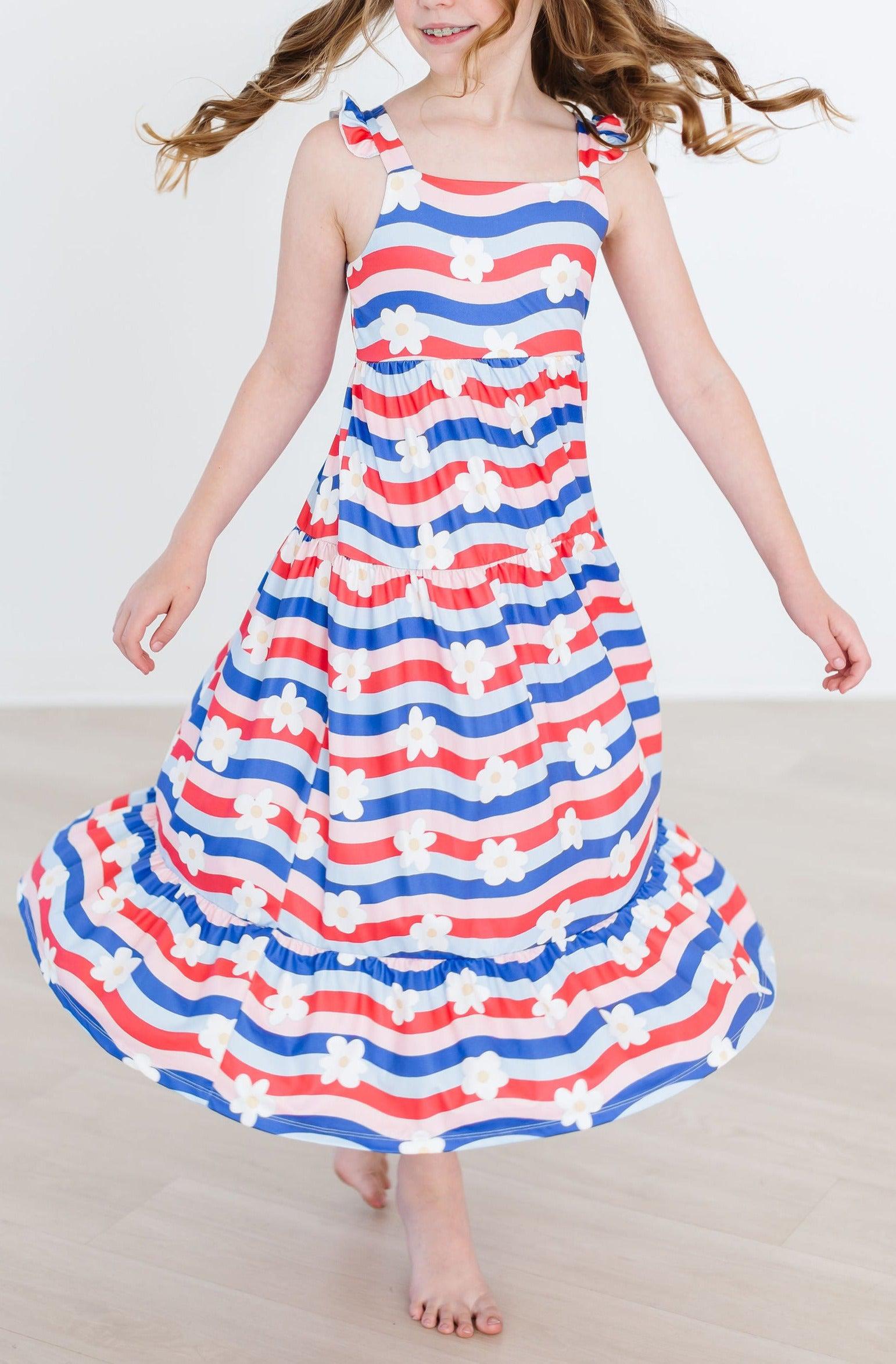 Mila & Rose July Vibes Ruffle Maxi Dress, flowy summer style for kids.
