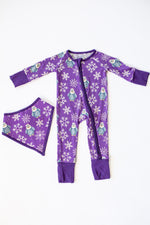 My First Snow Fall: Penguin Bamboo Bib In Purple & Gold by Rayn’s Tiny Stitches