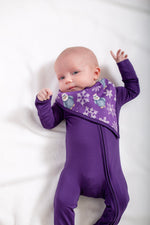 My First Snow Fall: Penguin Bamboo Bib In Purple & Gold by Rayn’s Tiny Stitches