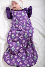 My First Snow Fall - Penguin Sleep Sack In Purple & Gold by Rayn’s Tiny Stitches