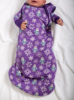 My First Snow Fall - Penguin Sleep Sack In Purple & Gold by Rayn’s Tiny Stitches