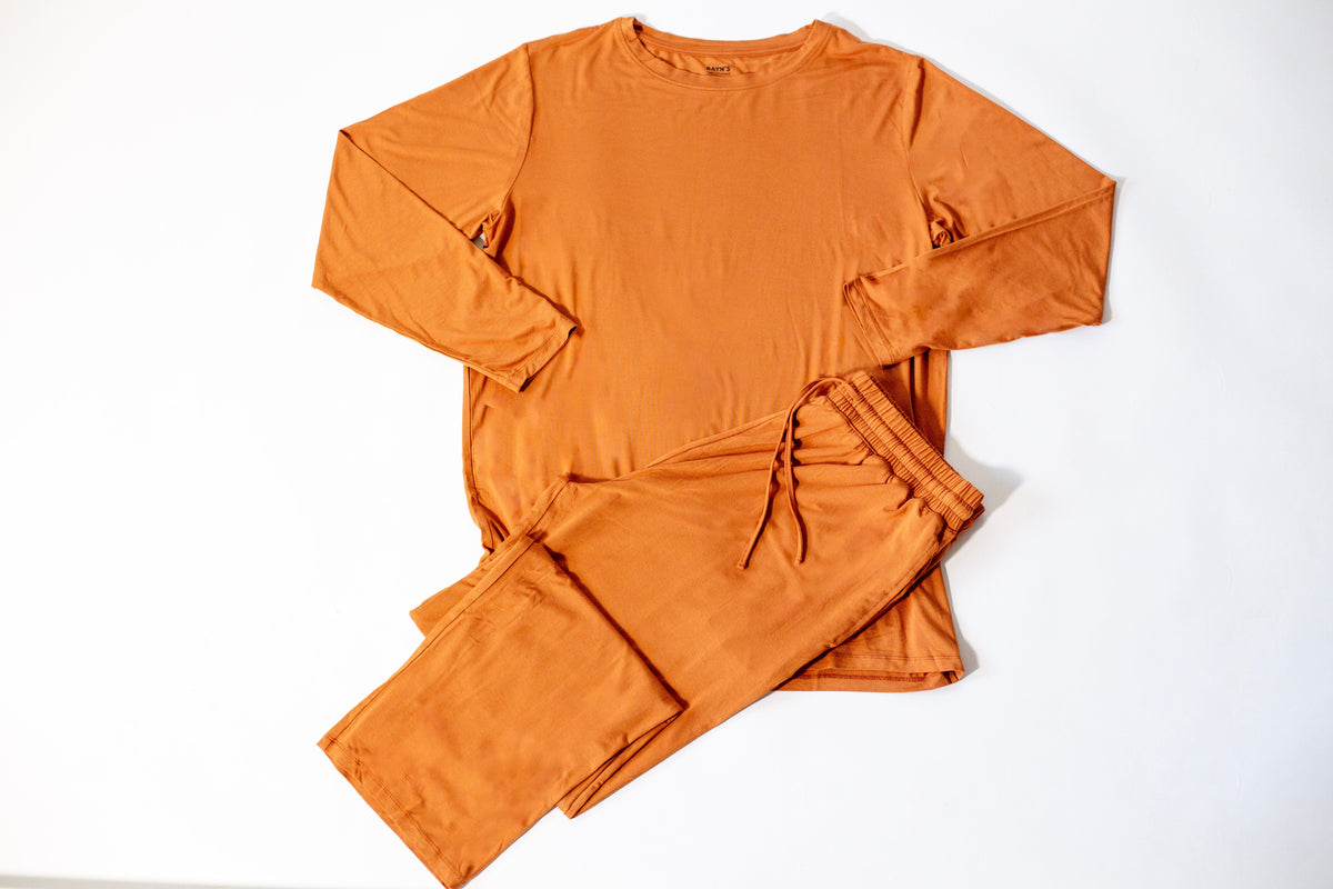 Mens Long Sleeve Solid Bamboo Pajama- Color Orange, Crew Neck by Rayn’s Tiny Stitches