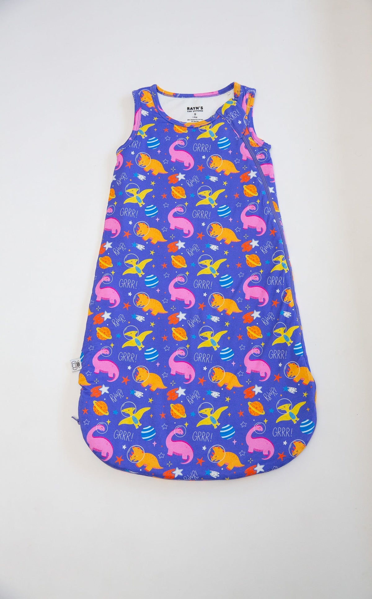 Space Dino Bamboo Sleep Sack | Electric Blue & Purple by Rayn’s Tiny Stitches