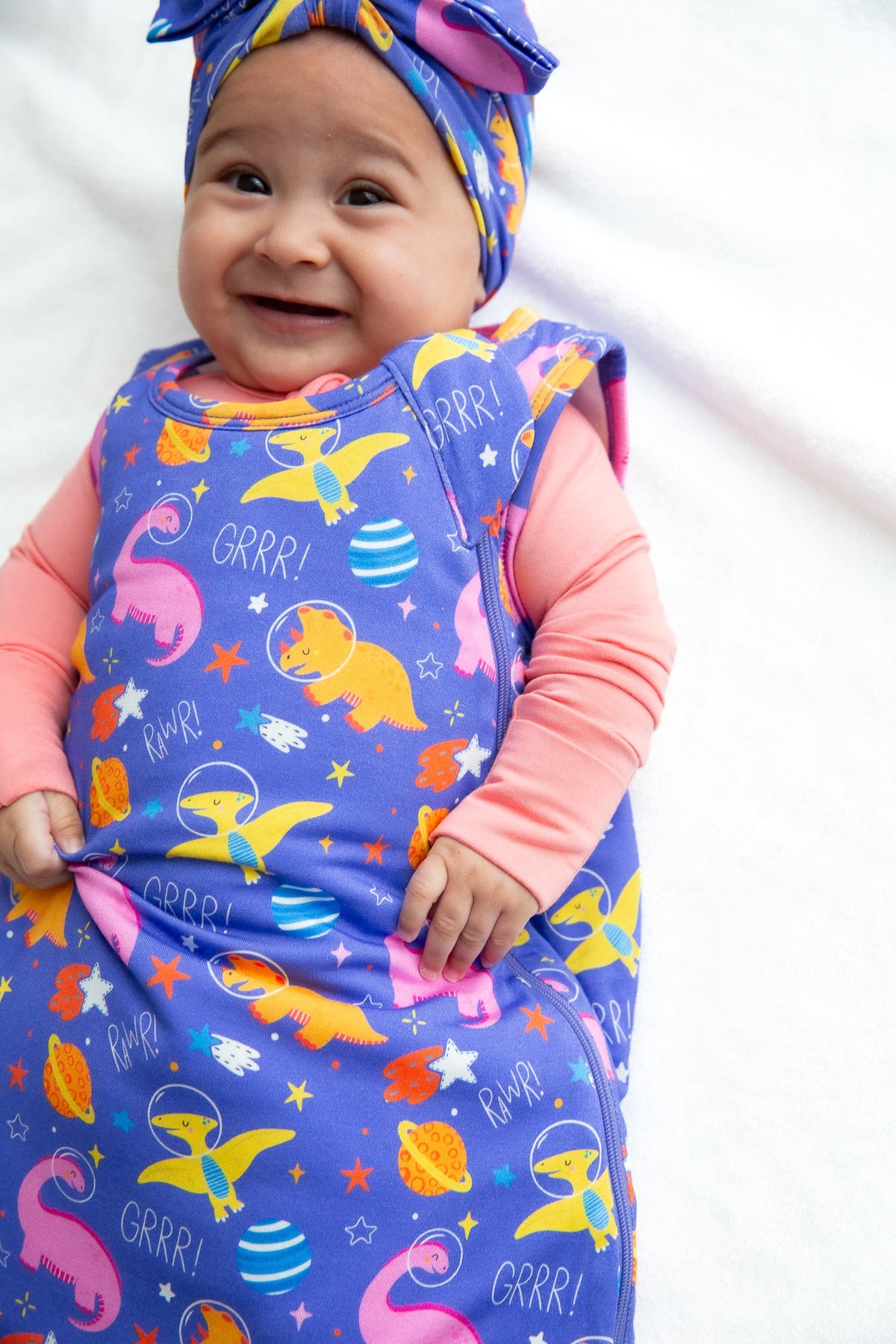 Space Dino Bamboo Sleep Sack | Electric Blue & Purple by Rayn’s Tiny Stitches