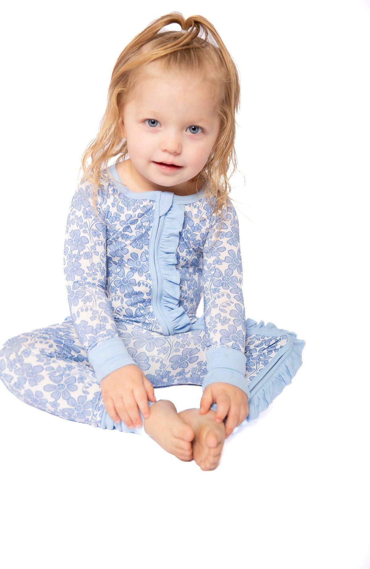Blue Bonnet Bamboo Floral Onesie | Double Zip & Frills | Mommy & Me by Rayn’s Tiny Stitches