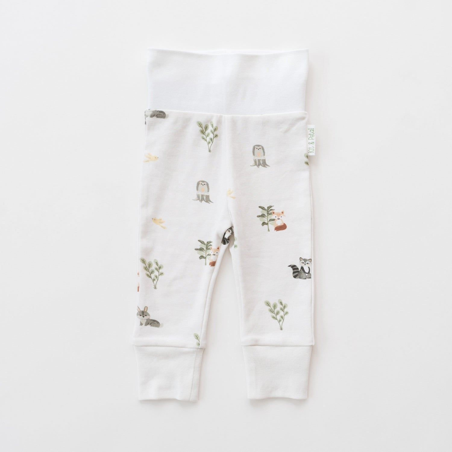 Baby fold-over waistband pants in a forest animal print on organic cotton