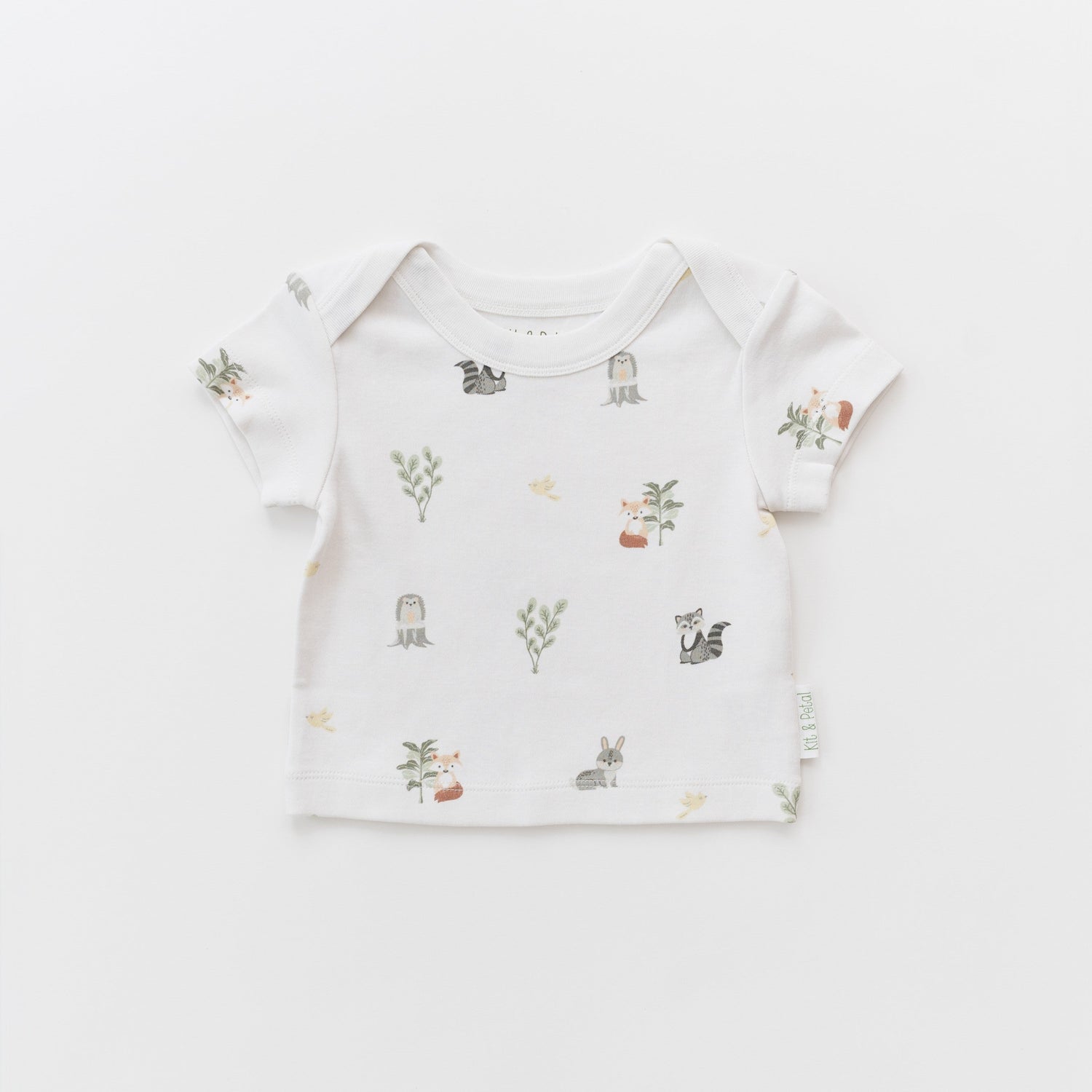 Short sleeve baby shirt in forest friends animal print with an envelope neckline