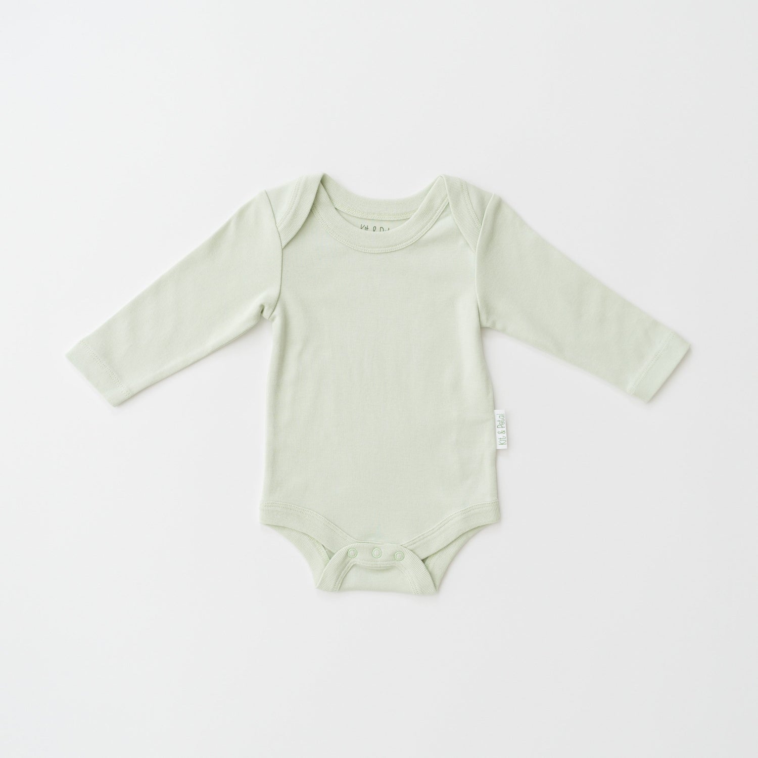 Long sleeve baby bodysuit in leafy green with envelope neckline and snap buttons