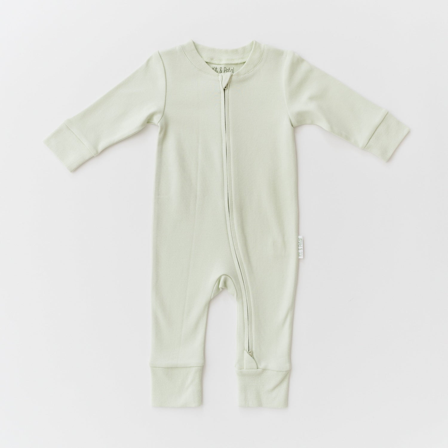 Long sleeve baby romper in leafy green with a full-length two-way front zipper.