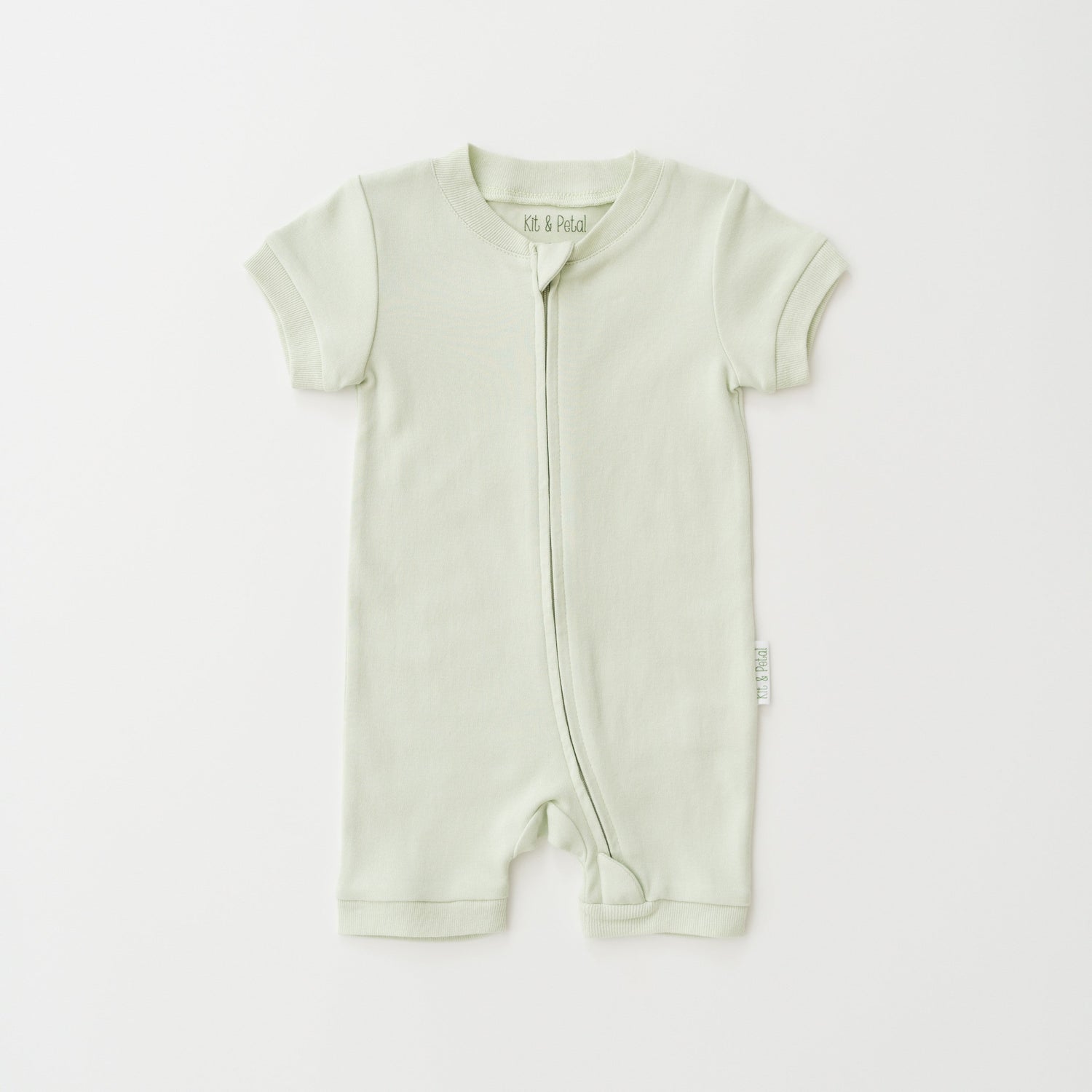 Short sleeve baby romper in leafy green with a full-length front zipper