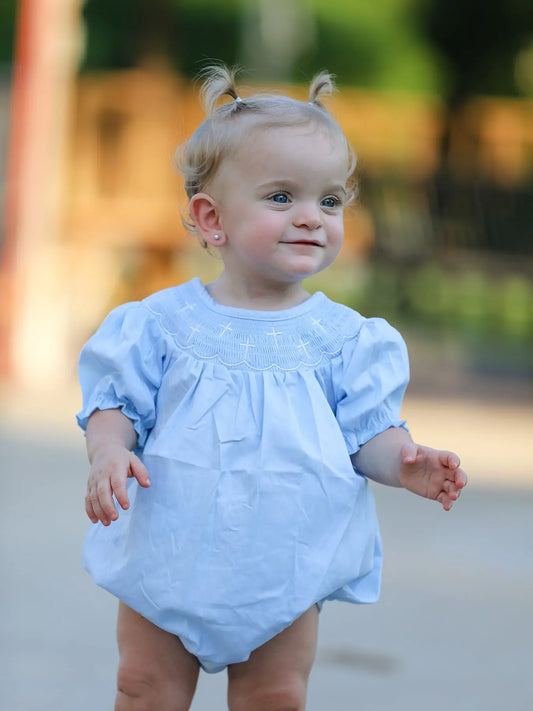 Girls Cross Smocking Embroidered Blue Romper Rylee Faith Designs