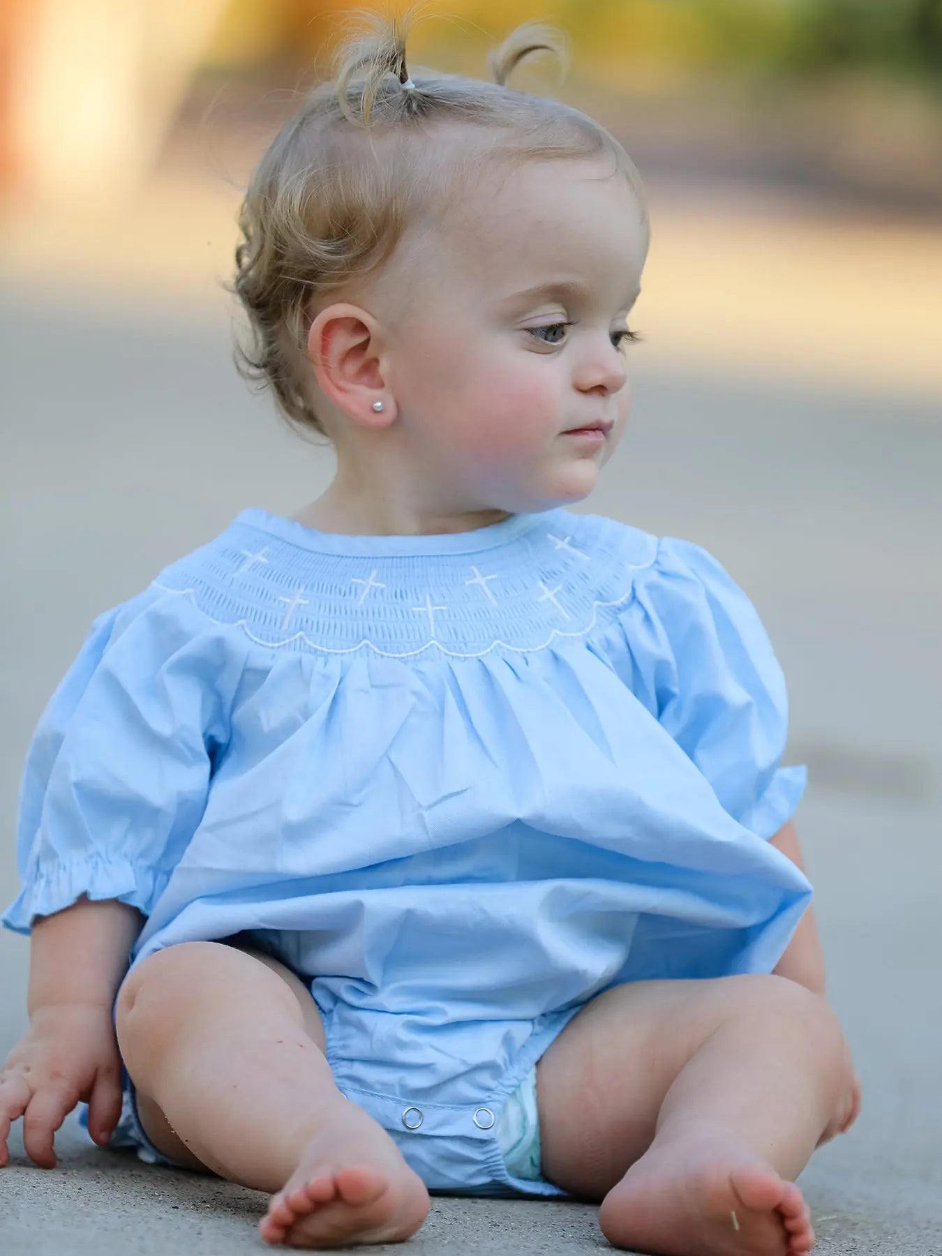 Girls Cross Smocking Embroidered Blue Romper Rylee Faith Designs
