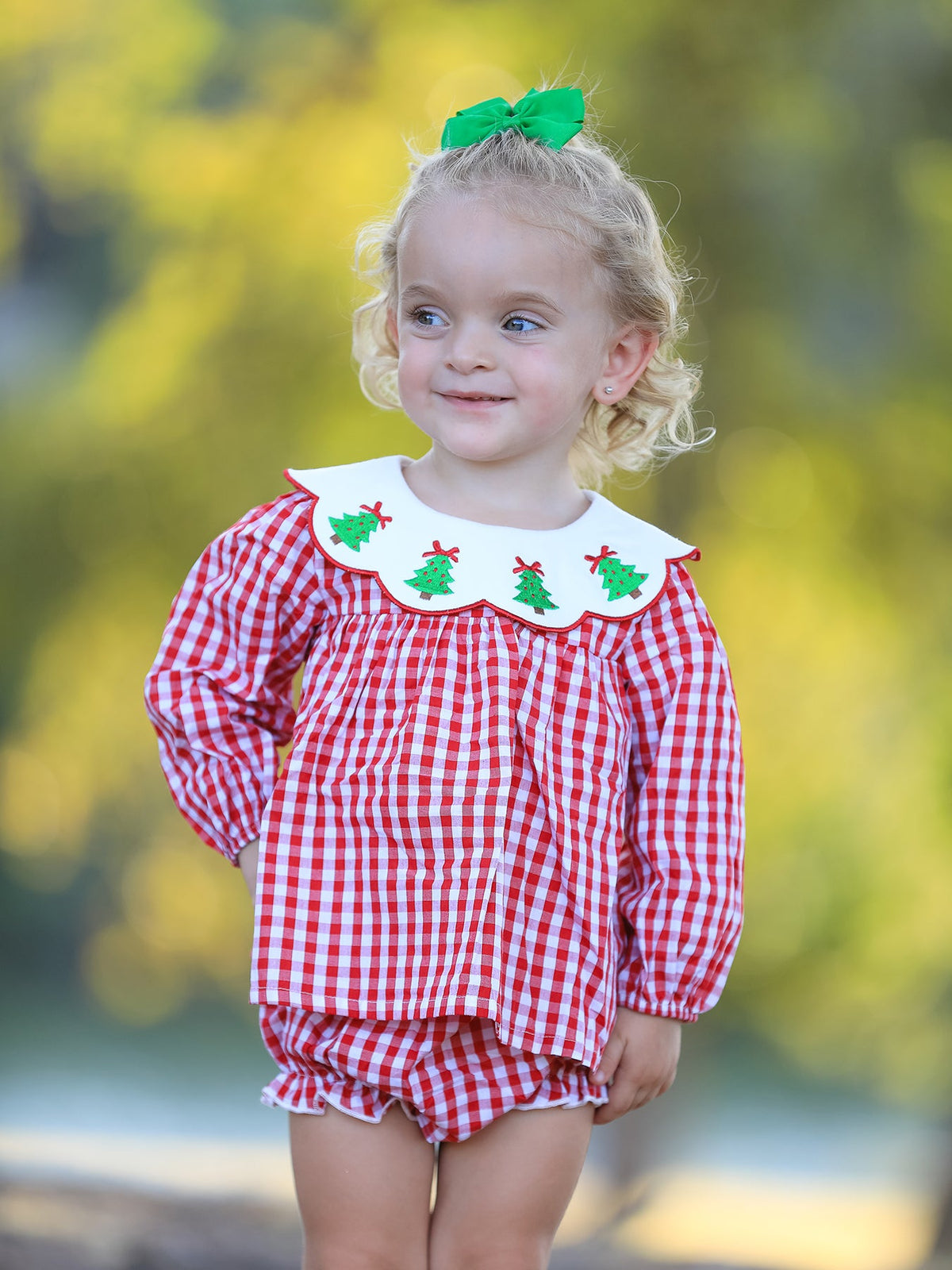 Christmas Tree Embroidery Red Gingham Long Sleeve Baby Girl Bloomers Set by Rylee Faith Designs