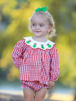 Christmas Tree Embroidery Red Gingham Long Sleeve Baby Girl Bloomers Set by Rylee Faith Designs