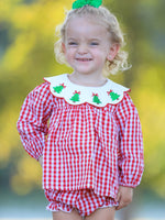 Christmas Tree Embroidery Red Gingham Long Sleeve Baby Girl Bloomers Set by Rylee Faith Designs