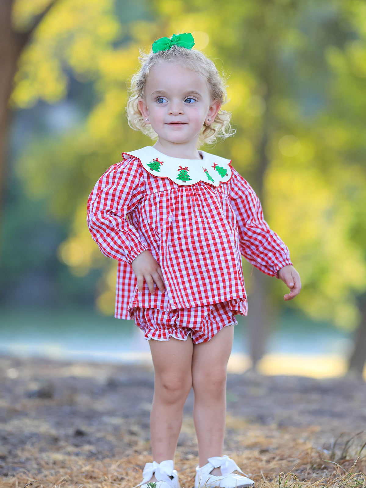 Christmas Tree Embroidery Red Gingham Long Sleeve Baby Girl Bloomers Set by Rylee Faith Designs