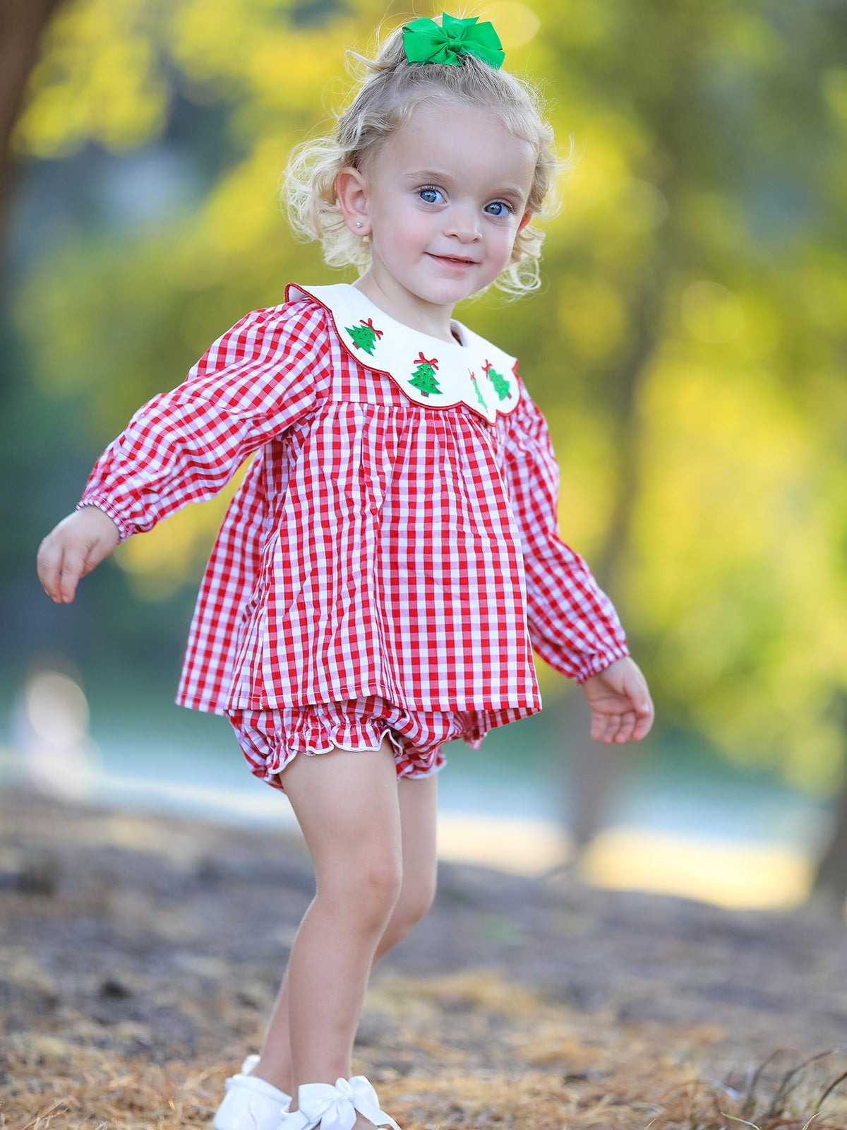 Christmas Tree Embroidery Red Gingham Long Sleeve Baby Girl Bloomers Set by Rylee Faith Designs