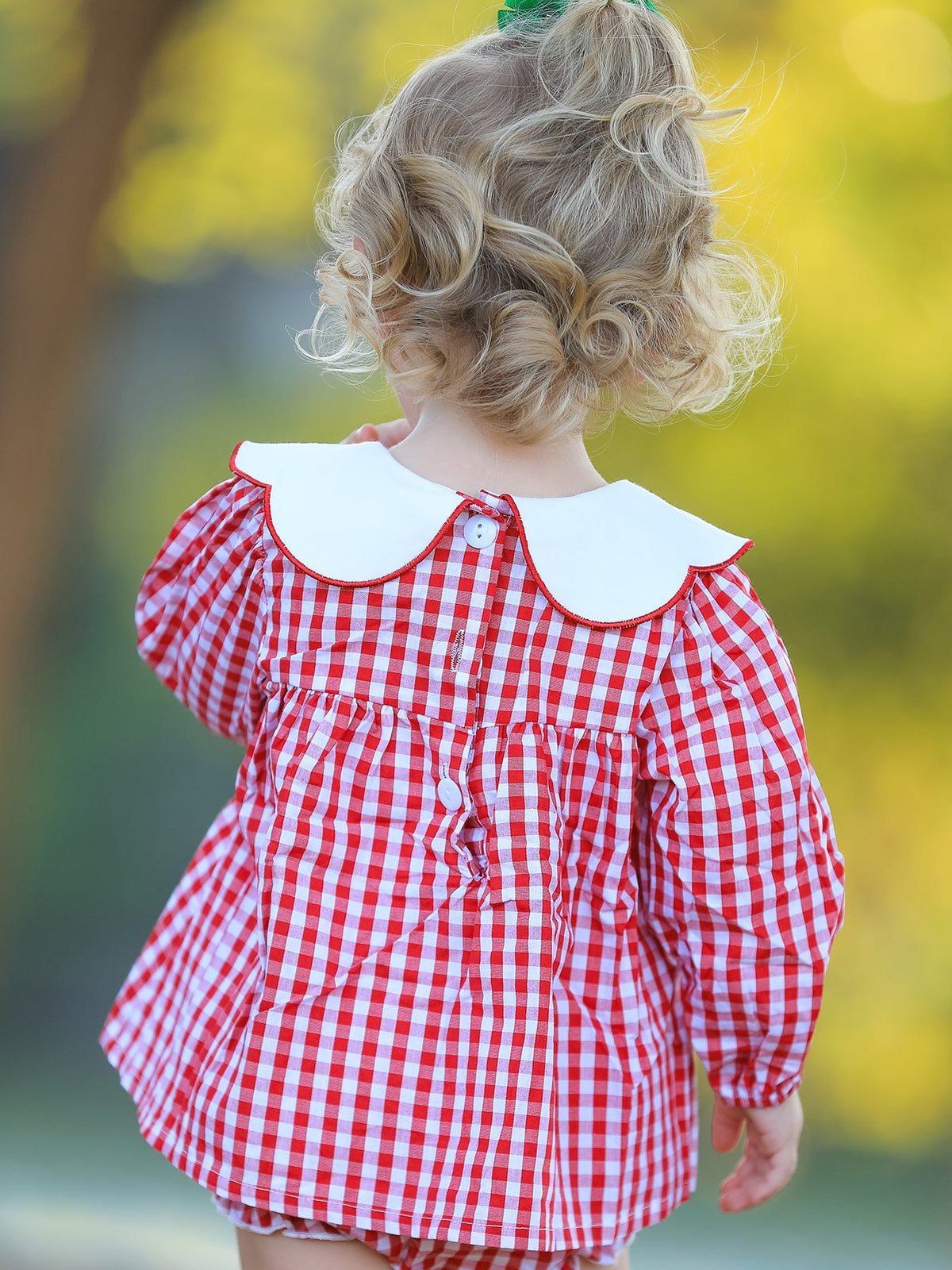 Christmas Tree Embroidery Red Gingham Long Sleeve Baby Girl Bloomers Set by Rylee Faith Designs