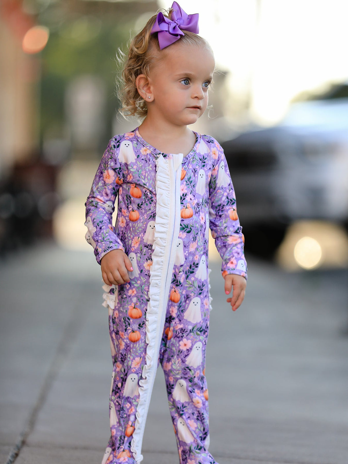 Polyester Spandex Girls Footed Romper, Ghost Pumpkin Print by Rylee Faith Designs