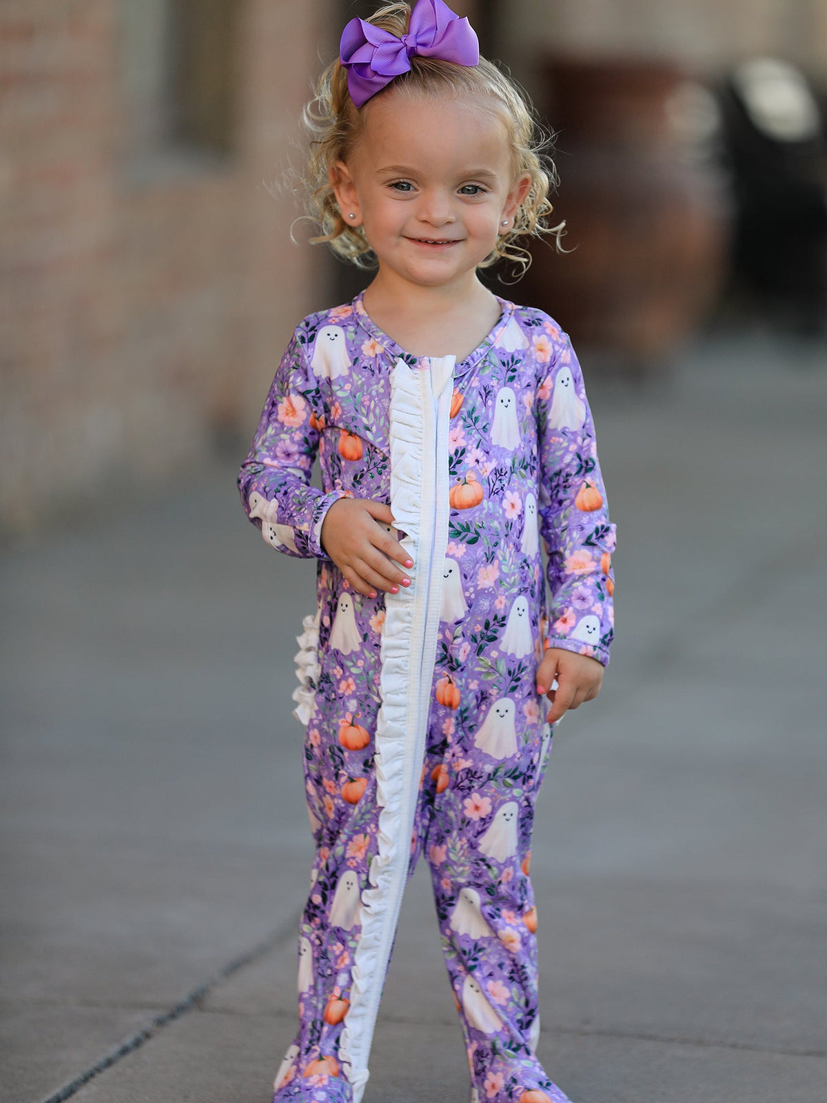 Polyester Spandex Girls Footed Romper, Ghost Pumpkin Print by Rylee Faith Designs