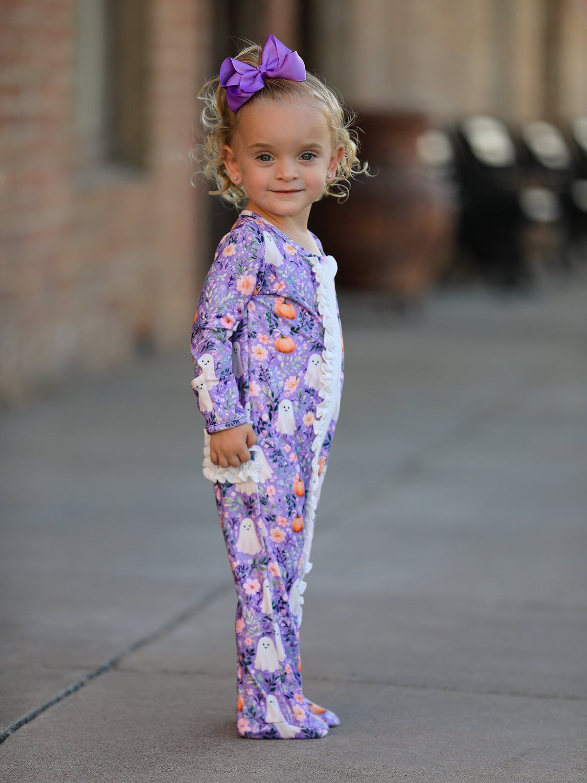 Polyester Spandex Girls Footed Romper, Ghost Pumpkin Print by Rylee Faith Designs