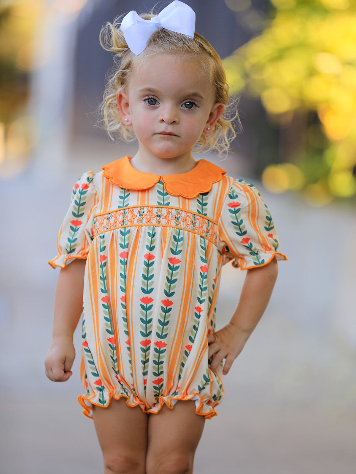 Polyester Spandex Romper, Floral Stripe, Petals Collar by Rylee Faith Designs