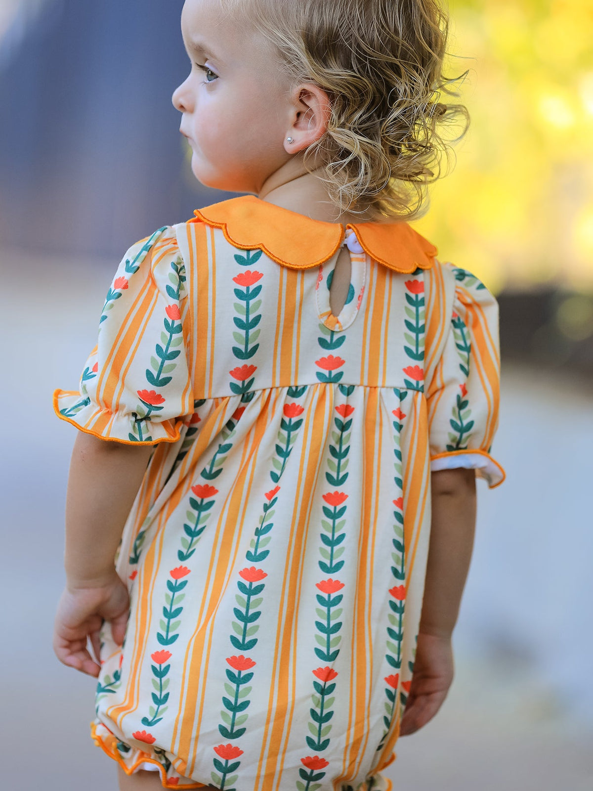 Polyester Spandex Romper, Floral Stripe, Petals Collar by Rylee Faith Designs