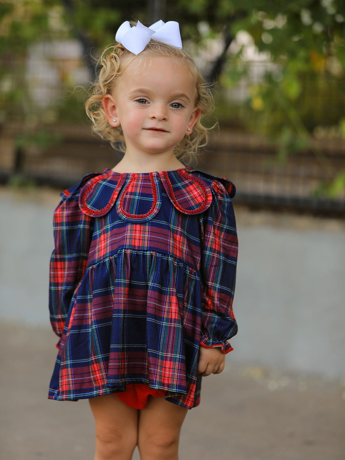 Plaid Romper, Petal Collar Puff Sleeve Bloomer by Rylee Faith Designs