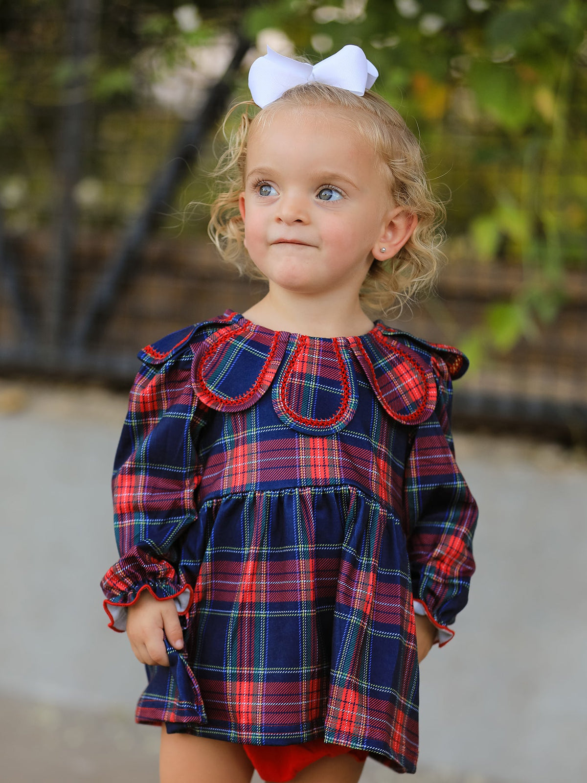 Plaid two-piece baby outfit with petal collar puff sleeve top and matching bloomer shorts