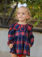 Plaid two-piece baby outfit with petal collar puff sleeve top and matching bloomer shorts