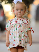 Two-piece baby bloomer set in gingham print, with a ruffle collar top, bow detail, and matching bloomers